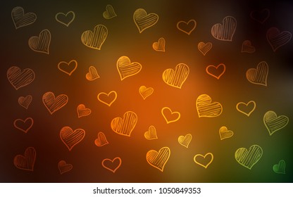 Dark Green, Yellow vector cover with Shining hearts. Hearts on blurred abstract background with colorful gradient. Pattern can be used for valentine's ad, booklets.