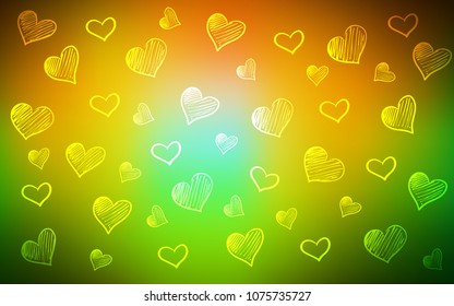 Dark Green, Yellow vector cover with Shining hearts. Beautiful colored illustration with hearts in celebration style. Template for Valentine's greeting postcards.