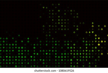 Dark Green, Yellow vector cover with symbols of gamble. Colorful gradient with signs of hearts, spades, clubs, diamonds. Pattern for ads of parties, events in Vegas.