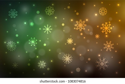 Dark Green, Yellow vector cover with beautiful snowflakes. Modern geometrical abstract illustration with crystals of ice. The pattern can be used for new year leaflets.