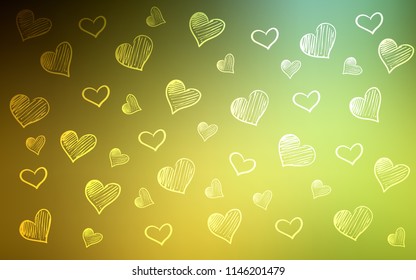 Dark Green, Yellow vector cover with Shining hearts. Decorative shining illustration with hearts on abstract template. Template for Valentine's greeting postcards.