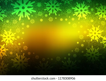 Dark Green, Yellow vector cover with beautiful snowflakes. Blurred decorative design in xmas style with snow. The template can be used as a new year background.