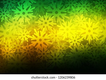 Dark Green, Yellow vector cover with beautiful snowflakes. Blurred decorative design in xmas style with snow. The pattern can be used for new year ad, booklets.