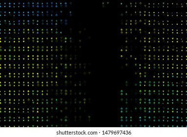 Dark Green, Yellow vector cover with symbols of gamble. Colored illustration with hearts, spades, clubs, diamonds. Template for business cards of casinos.