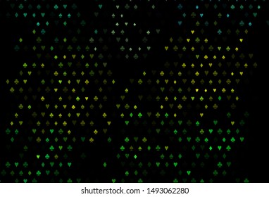 Dark Green, Yellow vector cover with symbols of gamble. Glitter abstract sketch with isolated symbols of playing cards. Pattern for booklets, leaflets of gambling houses.
