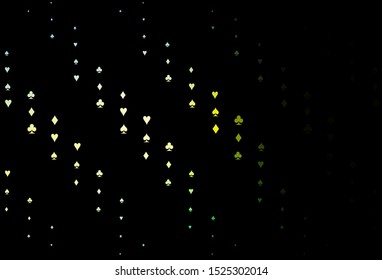 Dark Green, Yellow vector cover with symbols of gamble. Blurred decorative design of hearts, spades, clubs, diamonds. Pattern for ads of parties, events in Vegas.