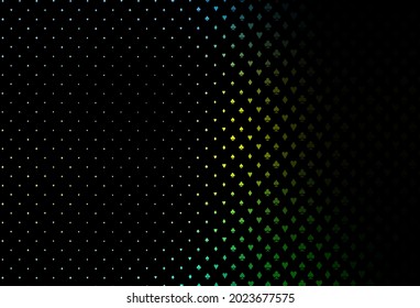 Dark green, yellow vector cover with symbols of gamble. Glitter abstract sketch with isolated symbols of playing cards. Template for business cards of casinos.