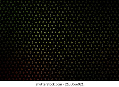Dark green, yellow vector cover with symbols of gamble. Colored illustration with hearts, spades, clubs, diamonds. Pattern for booklets, leaflets of gambling houses.