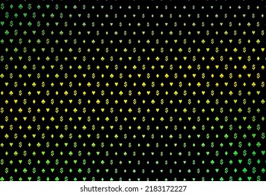 Dark green, yellow vector cover with symbols of gamble. Blurred decorative design of hearts, spades, clubs, diamonds. Pattern for leaflets of poker games, events.