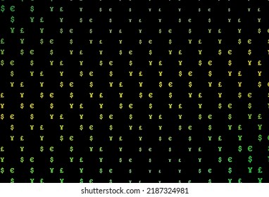 Dark green, yellow vector cover with EUR, USD, GBP, JPY. Modern abstract illustration with symbols of money. Smart design for your business advert of economic, wealth.