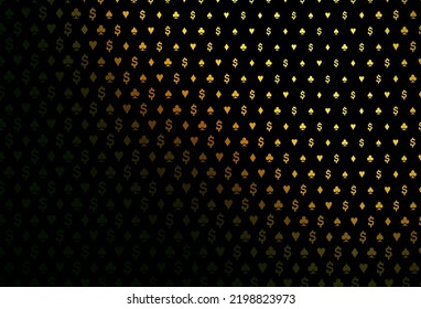 Funda vectorial amarilla verde oscuro con símbolos de juego. Esbozo abstracto brillante con símbolos aislados de cartas de juego. Plantilla para tarjetas de visita de casinos.