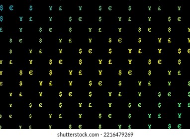 Verde oscuro, cubierta vectorial amarilla con EUR, USD, GBP, JPY. Ilustración con dólares, USD, usa signos de plantilla blanca. Mejor diseño para tu anuncio, afiche, banner de dinero.