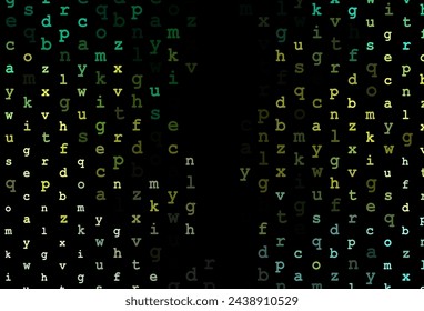 Dark green, yellow vector cover with english symbols. Abstract illustration with colored latin alphabet. The pattern can be used as ads, poster, banner for books.