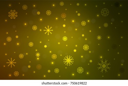 Dark Green, Yellow vector cover with beautiful snowflakes. Snow on blurred abstract background with gradient. The pattern can be used for new year leaflets.