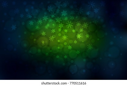 Dark Green, Yellow vector cover with beautiful snowflakes. Glitter abstract illustration with crystals of ice. New year design for your business advert.