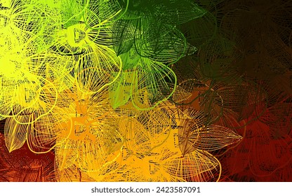 Verde oscuro, textura de doodle vectorial amarillo con flores. Ilustración colorida al estilo doodle con flores. Patrón texturizado para sitios web, banners.