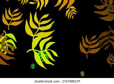 Dunkelgrüner, gelber, vektor-eleganter Hintergrund mit Blättern. Farbige Illustration im Doodle-Stil mit Blättern. Doodle Design für Ihre Website.