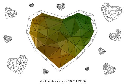 Dark Green, Yellow vector greeting Card Happy Valentine's Day. Lettering with hearts on the white polygonal background. Colored triangular illustration for your business.