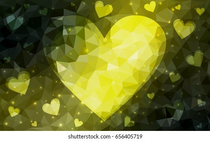 Dark Green, Yellow vector greeting Card Happy Valentine's Day. Lettering with hearts on the white polygonal background. Colored triangular illustration for your business.