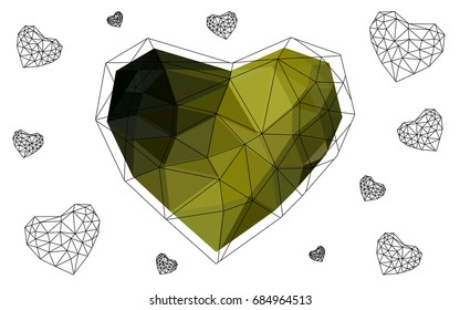 Dark Green, Yellow vector greeting Card Happy Valentine's Day. Lettering with hearts on the white polygonal background. Colored triangular illustration for your business.