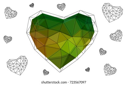 Dark Green, Yellow vector greeting Card Happy Valentine's Day. Lettering with hearts on the white polygonal background. Colored triangular illustration for your business.