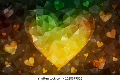 Dark Green, Yellow vector heart isolated on white background. Geometric rumpled triangular low poly origami style gradient graphic illustration. Polygonal design for your business.