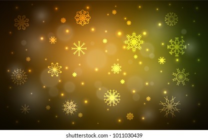 Dark Green, Yellow vector layout with bright snowflakes. Blurred decorative design in xmas style with snow. The pattern can be used for year new  websites.