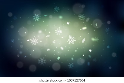 Dark Green, Yellow vector layout with bright snowflakes. Snow on blurred abstract background with gradient. The template can be used as a new year background.