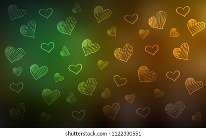 Dark Green, Yellow vector layout with sweet hearts. Glitter abstract illustration with colorful hearts in romantic style. Pattern for marriage gifts, congratulations.