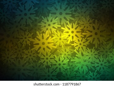 Dark Green, Yellow vector layout with bright snowflakes. Snow on blurred abstract background with gradient. New year design for your business advert.