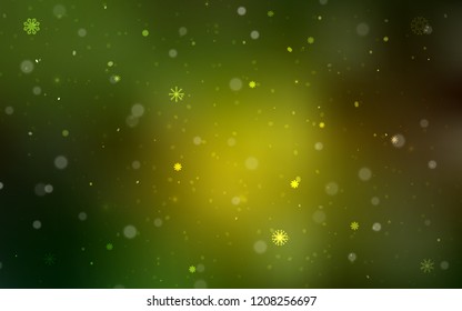 Dark Green, Yellow vector layout with bright snowflakes. Blurred decorative design in xmas style with snow. The template can be used as a new year background.