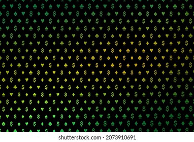 Dark green, yellow vector layout with elements of cards. Colorful gradient with signs of hearts, spades, clubs, diamonds. Pattern for leaflets of poker games, events.