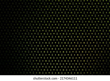 Dark green, yellow vector layout with elements of cards. Colored illustration with hearts, spades, clubs, diamonds. Pattern for booklets, leaflets of gambling houses.