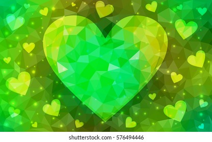 DARK green, yellow vector love background with heart. Paper note. Valentine's greeting polygonal card. Triangular illustration for your business. Stock template for your design.