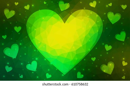 Dark Green, Yellow vector love background with heart. Paper note. Valentine's greeting polygonal card. Triangular illustration for your business. Stock template for your design.