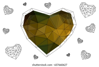 Dark Green, Yellow vector love background with heart. Paper note. Valentine's greeting polygonal card. Triangular illustration for your business. Stock template for your design.