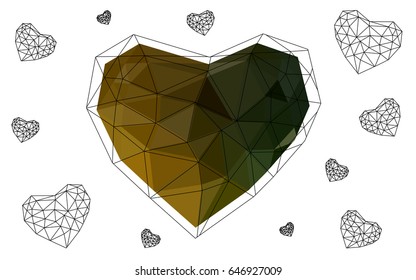 Dark Green, Yellow vector love background with heart. Paper note. Valentine's greeting polygonal card. Triangular illustration for your business. Stock template for your design.