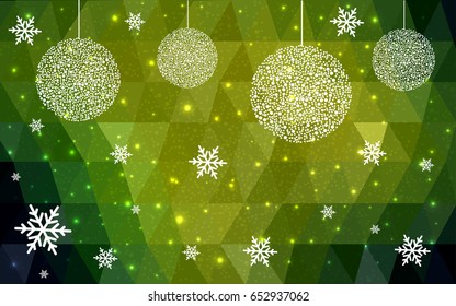 Dark Green Yellow vector low poly crystal background with snowflakes. Polygon christmas design pattern . Low poly illustration of New Year celebration.