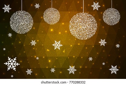 Dark Green Yellow vector low poly crystal background with snowflakes. Polygon christmas design pattern . Low poly illustration of New Year celebration.