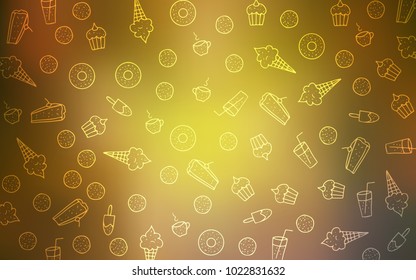 Dark Green, Yellow vector pattern with delicious cookies. Glitter abstract sketch with sweets, candies, desserts. Pattern for ads of breakfast, lunch, dinner.