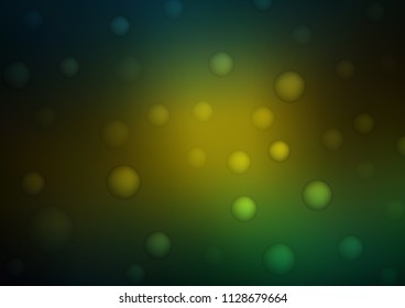 Dark Green, Yellow vector pattern with spheres. Glitter abstract illustration with blurred drops of rain. The pattern can be used for ads, leaflets of liquid.