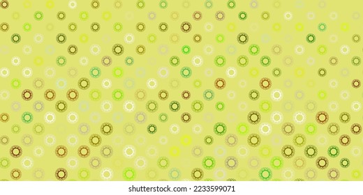 Patrón vectorial amarillo verde oscuro con elementos coronavirus. Ilustración inteligente con signos cómodos en estilo decorativo. Mejor diseño para eventos de cuarentena.