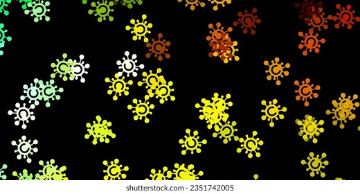 Patrón vectorial amarillo verde oscuro con elementos coronavirus. Ilustración inteligente con signos cómodos en estilo decorativo. Diseño para la alerta de riesgo biológico.