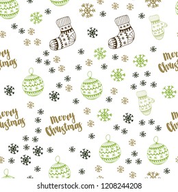 Dark Green, Yellow vector seamless template with ice snowflakes, balls, socks, mittens. Colorful decorative design in xmas style. Pattern for trendy fabric, wallpapers.