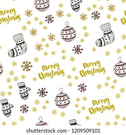Dark Green, Yellow vector seamless layout with bright snowflakes, balls, socks, mittens. Glitter abstract illustration with gradient. Pattern for trendy fabric, wallpapers.