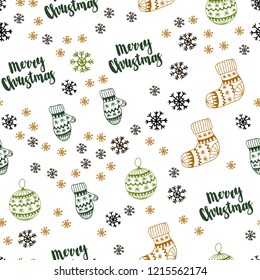 Dark Green, Yellow vector seamless pattern with christmas snowflakes, balls, socks, mittens. Glitter abstract illustration with gradient. Design for wallpaper, fabric makers.