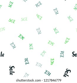 Dark Green, Yellow vector seamless pattern with 30, 40, 50 percentage signs. Colored words of sales with gradient on white background. Design for business ads, commercials.