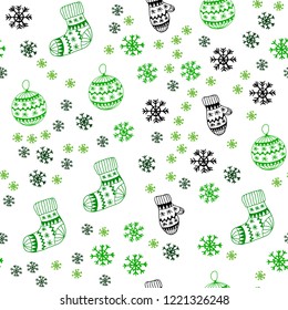 Dark Green, Yellow vector seamless cover with beautiful snowflakes, balls, socks, mittens. Modern geometric abstract illustration. Design for textile, fabric, wallpapers.