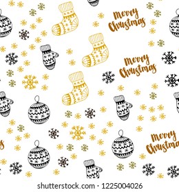 Dark Green, Yellow vector seamless background with xmas snowflakes, balls, socks, mittens. Colorful illustration with xmas symbols. Design for wallpaper, fabric makers.