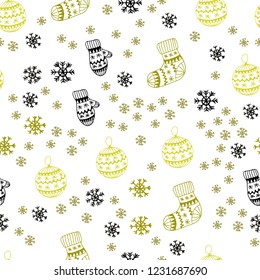 Dark Green, Yellow vector seamless texture with colored snowflakes, balls, socks, mittens. Modern geometric abstract illustration. Design for textile, fabric, wallpapers.